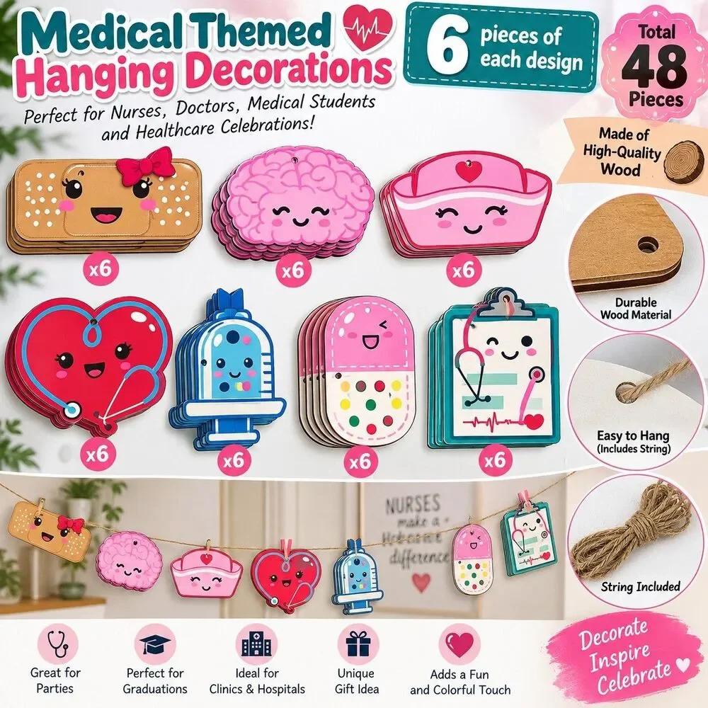 48pc Nurse Medical Wooden Garland Cutouts Party Graduation Decor w/ String